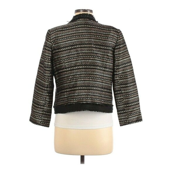 Chicos Jacket Black Gold Metallic Royal Tweed Open Front Chain - Picture 3 of 9